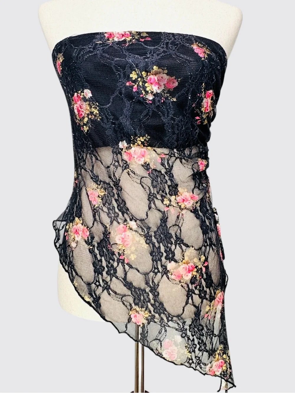 Oh Polly USA Women’s L Top Black Handkerchief Sheer Embroidered Lace Bandeau 90s - Picture 1 of 13
